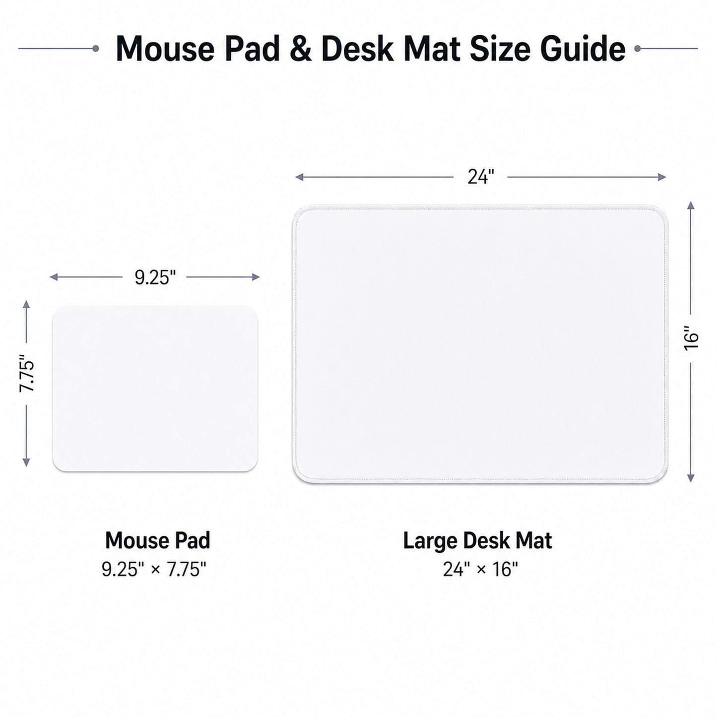 The image provides a size guide for a mouse pad and a large desk mat, with dimensions and corresponding images.