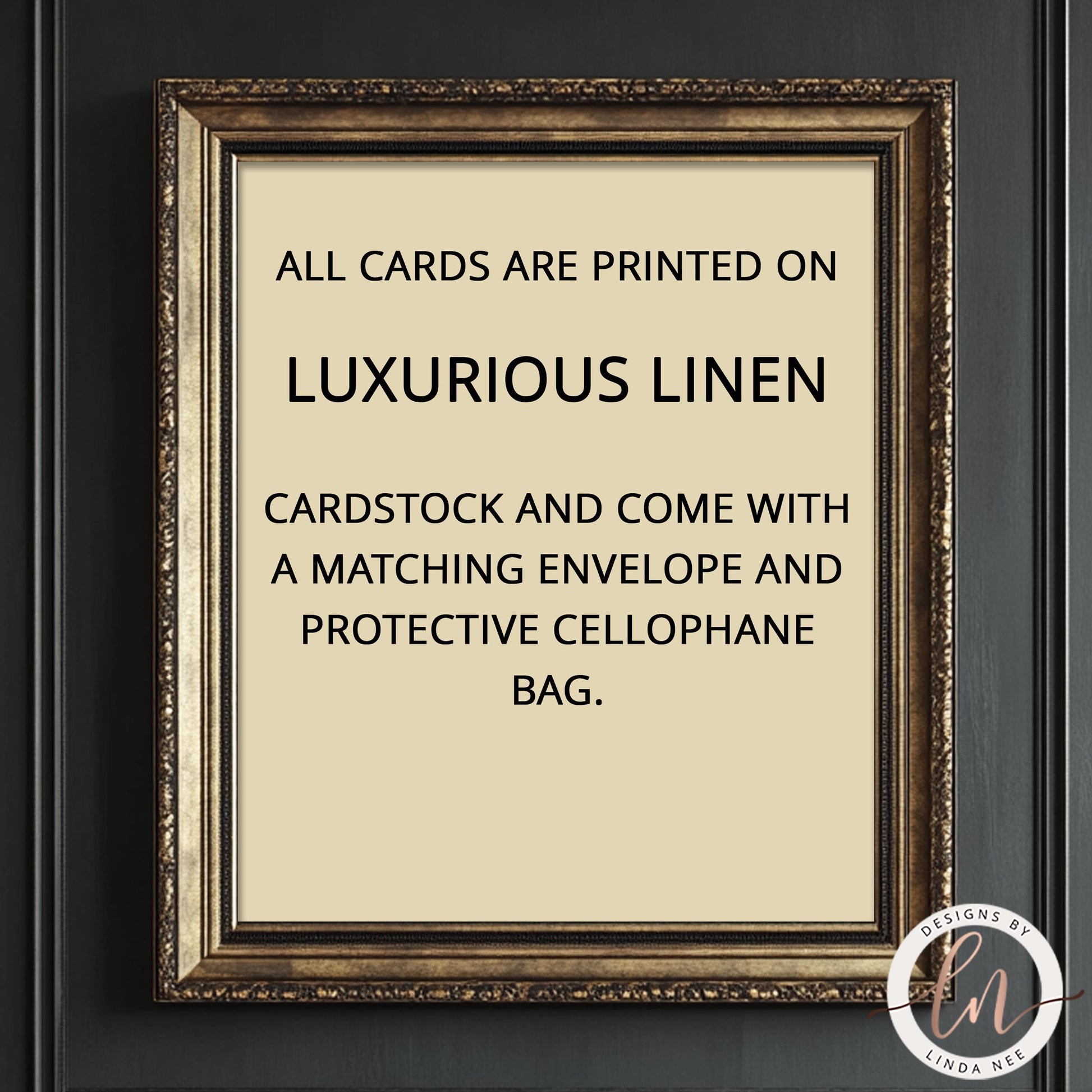 Framed text about luxurious linen cardstock and packaging on a dark background