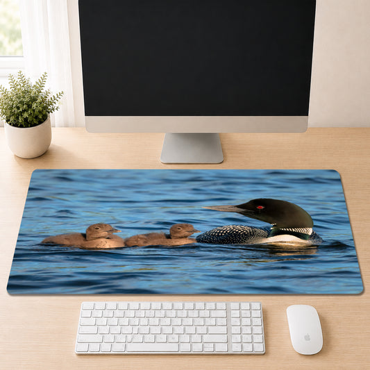 Adult Common Loon swimming beside two fuzzy loon chicks on calm blue lake water, shown as a desk mat design on a wood desk