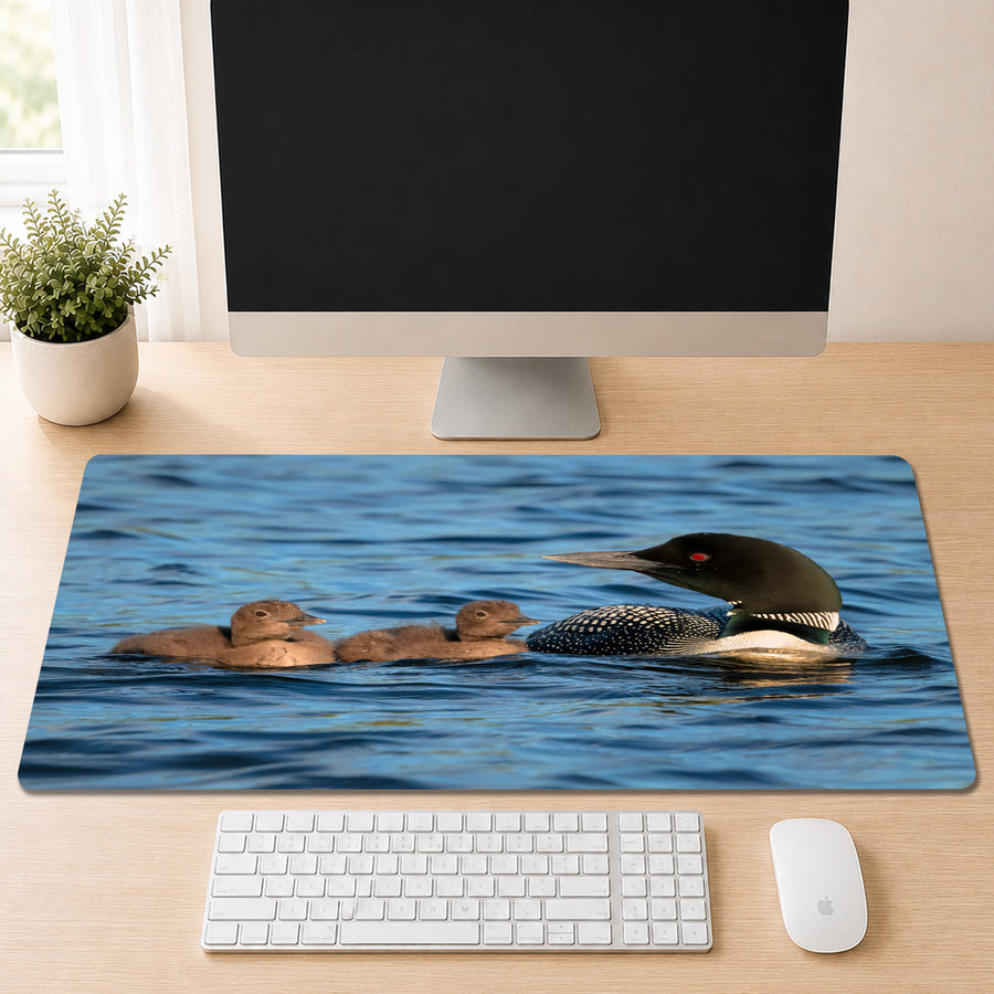 Adult Common Loon swimming beside two fuzzy loon chicks on calm blue lake water, shown as a desk mat design on a wood desk