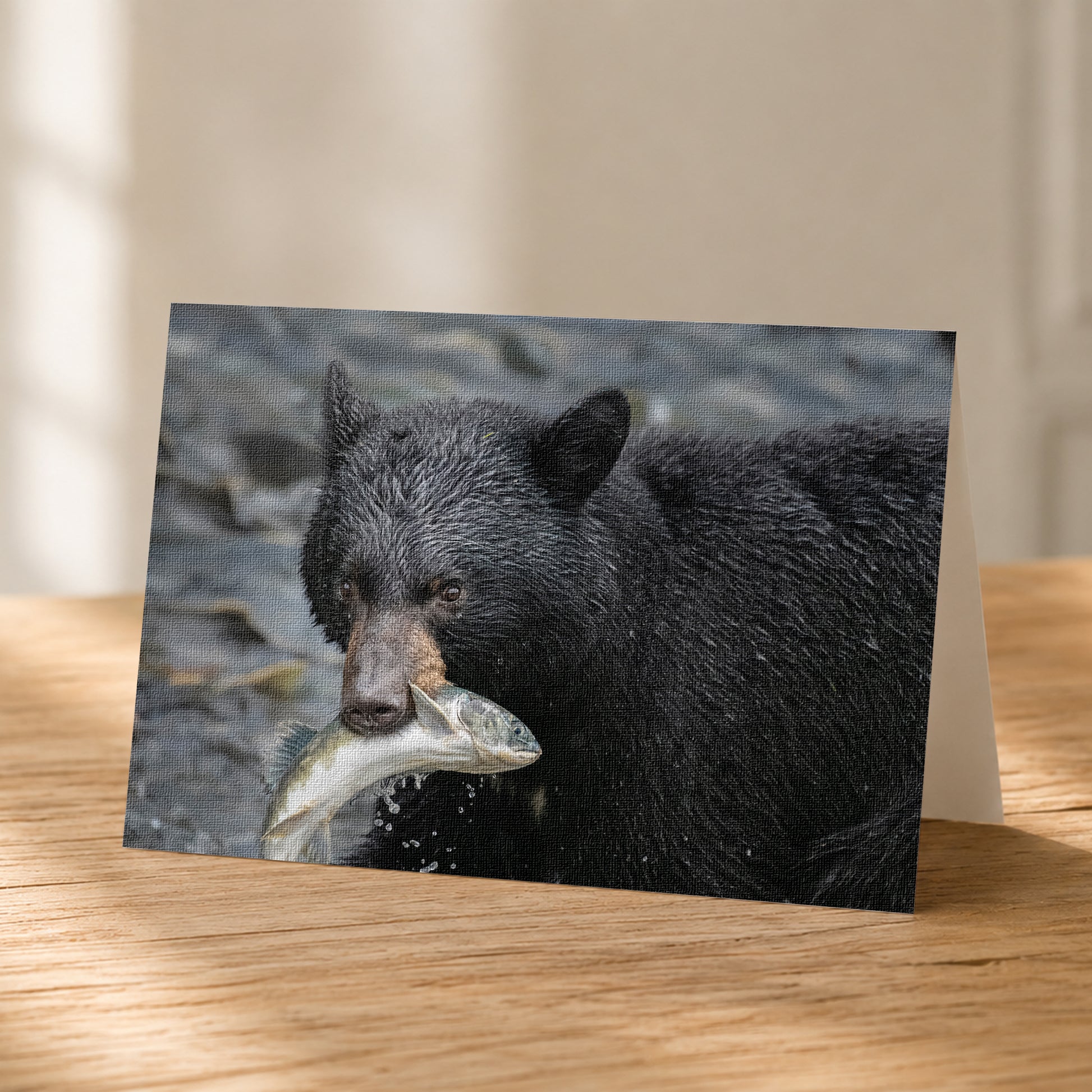 A black bear holding a fish in its mouth, standing on a rocky surface.