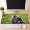 Macaque mother sitting on grass with her baby tucked protectively against her chest, shown as a desk mat design on a wood desk