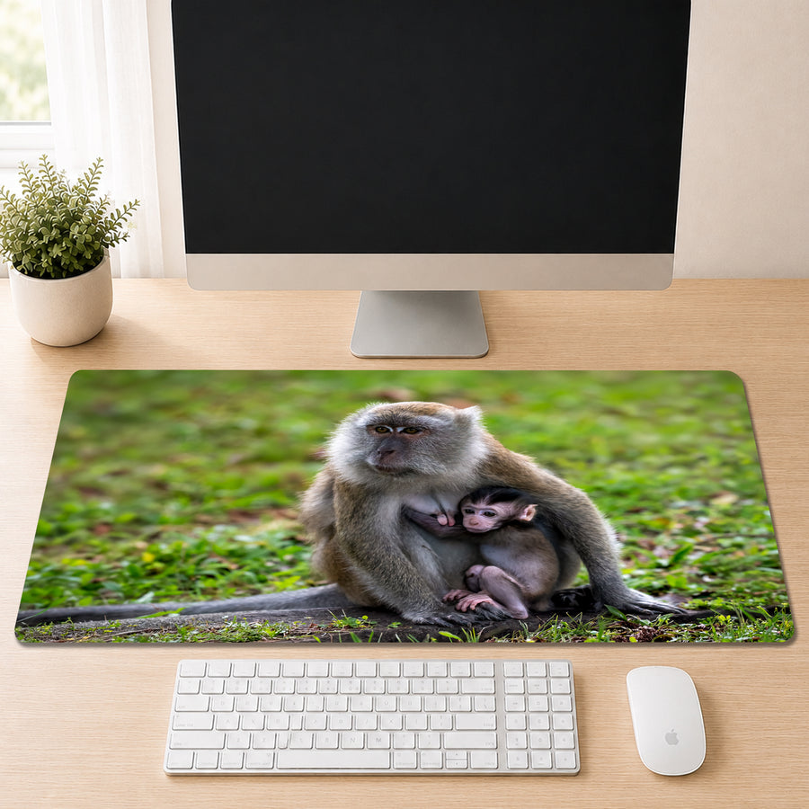 Macaque mother sitting on grass with her baby tucked protectively against her chest, shown as a desk mat design on a wood desk