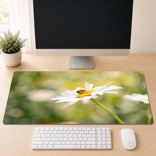 Close-up of a honeybee gathering pollen on a white daisy's yellow center, shown as a desk mat design on a wood desk