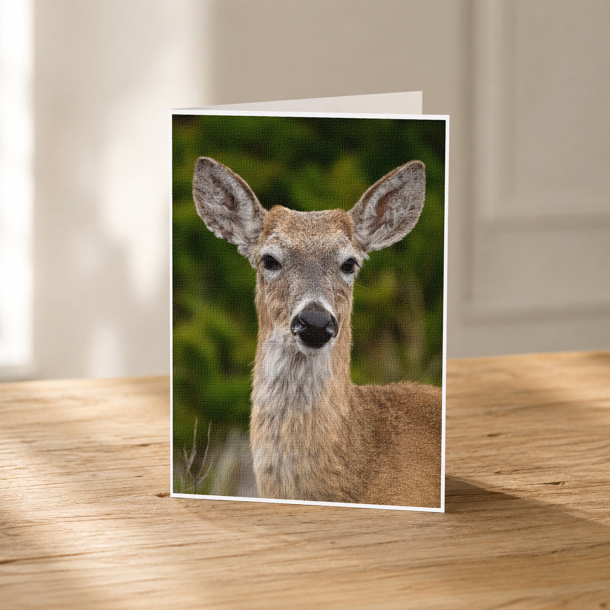 A deer standing in a forest, with its head turned to the side, is the main subject of the image.