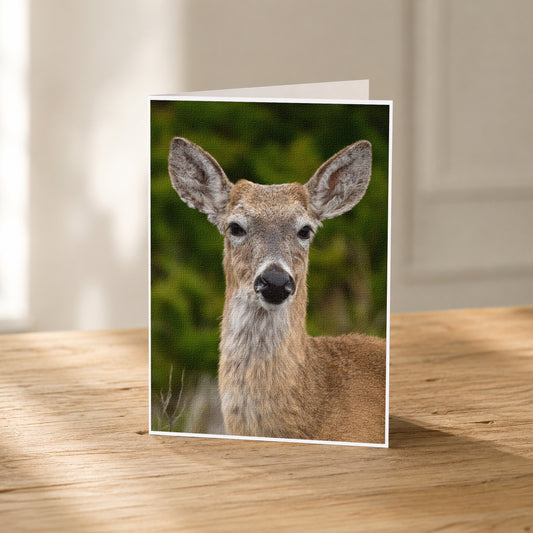 A deer standing in a forest, with its head turned to the side, is the main subject of the image.