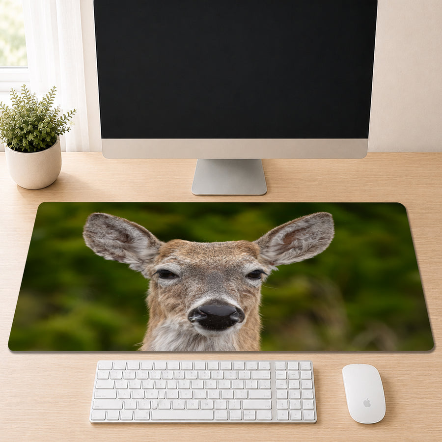 a computer desk with a monitor, keyboard, and mouse. The monitor is turned off, and the desk has a mouse and keyboard placed on it. There is also a mouse pad with a deer image on it.