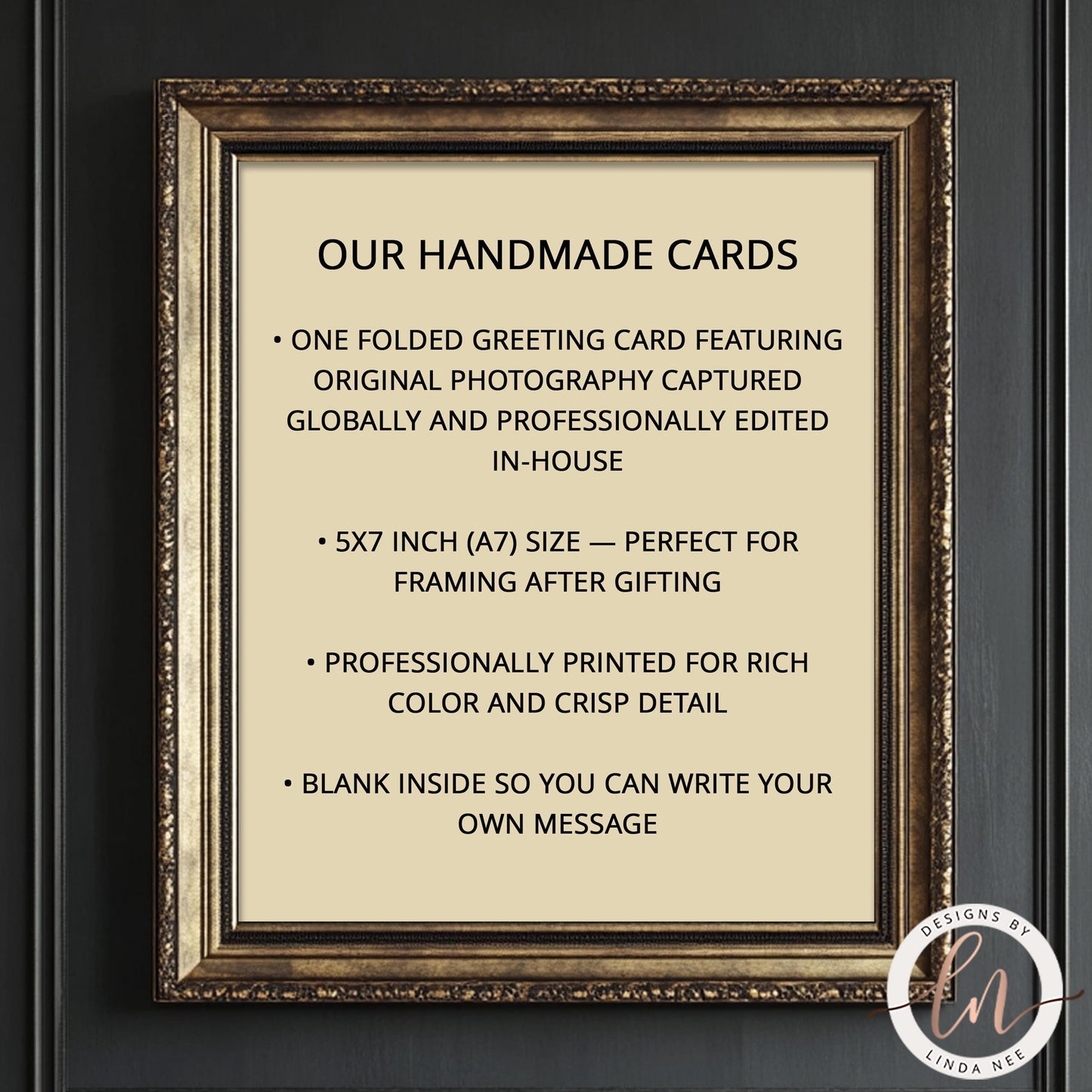 Framed text describing handmade cards with decorative border
