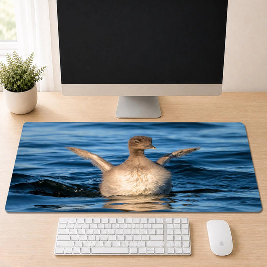 Baby Common Loon desk mat featuring original New Hampshire wildlife photography by Linda Nee, shown beneath a white keyboard on a light wood desk.