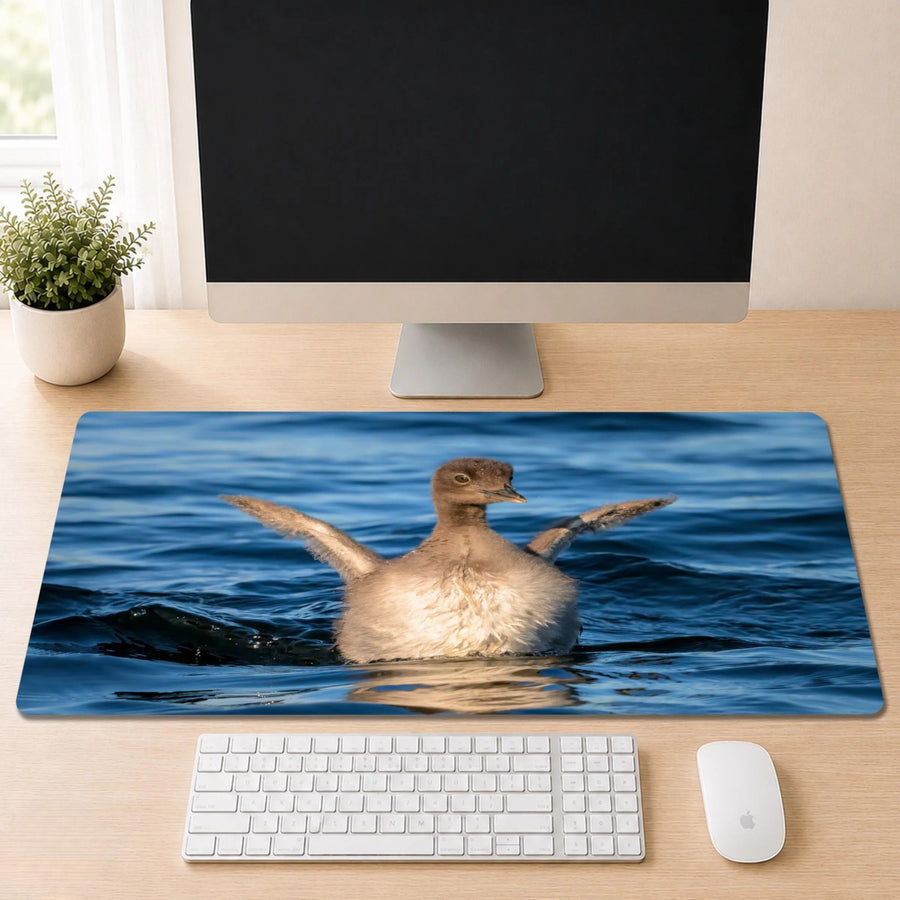 Baby Common Loon desk mat featuring original New Hampshire wildlife photography by Linda Nee, shown beneath a white keyboard on a light wood desk.