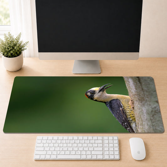 Black-cheeked Woodpecker with a tilted head clinging to a tree trunk against a green forest background, shown as a desk mat design on a wood desk