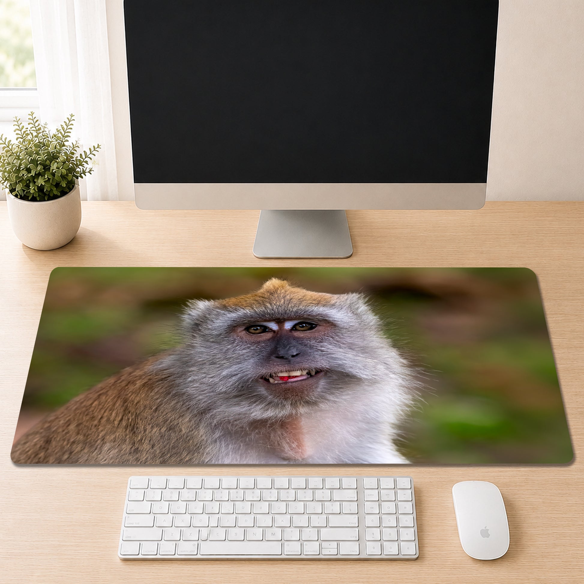 Macaque baring its teeth in a close-up portrait against a blurred green background, shown as a desk mat design on a wood desk