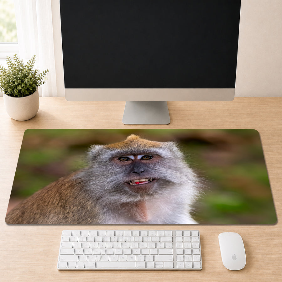 Macaque baring its teeth in a close-up portrait against a blurred green background, shown as a desk mat design on a wood desk