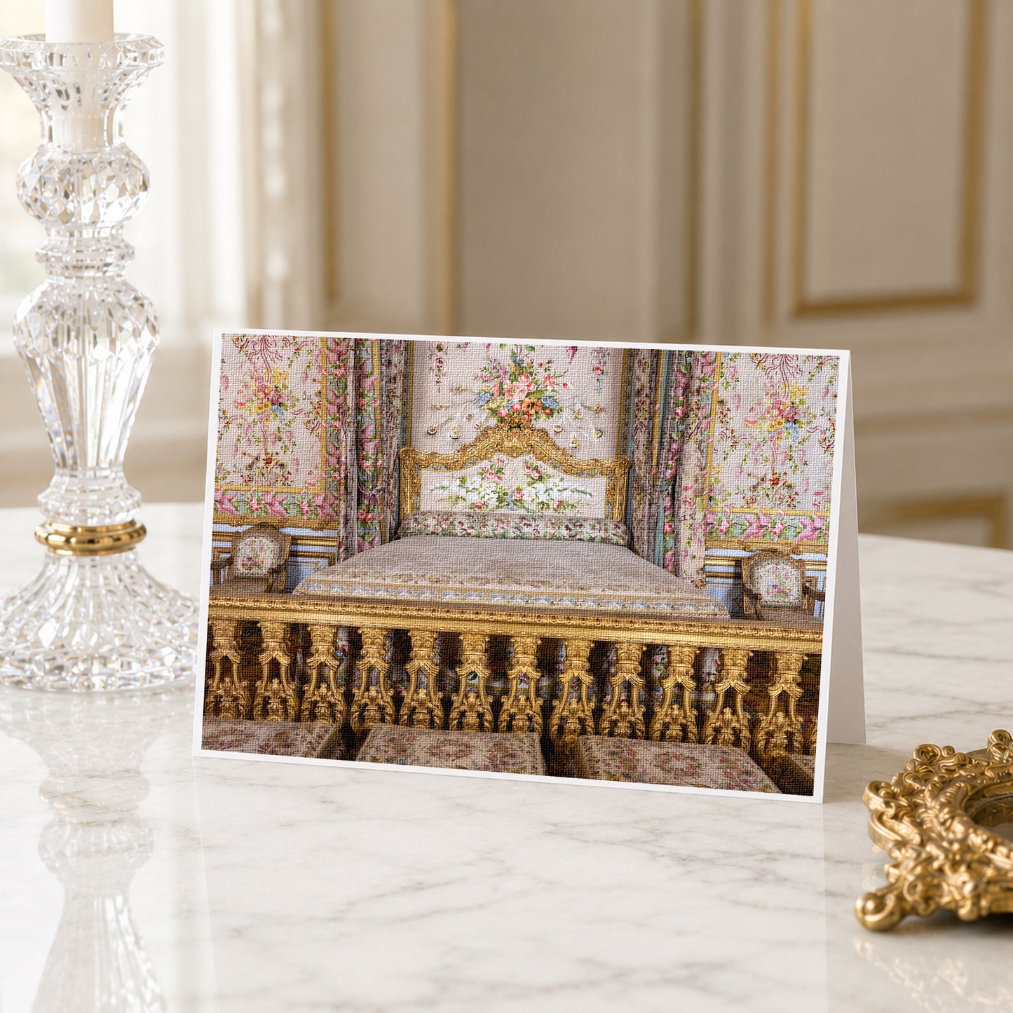 A framed photograph of an ornate, lavishly decorated bedroom with intricate gold and floral patterns on the walls and furniture.