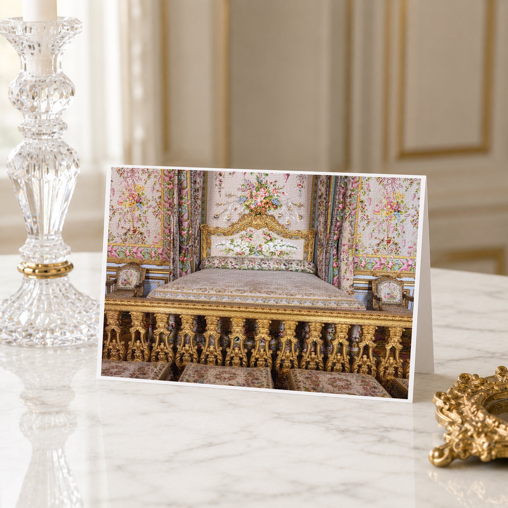 A framed photograph of an ornate, lavishly decorated bedroom with intricate gold and floral patterns on the walls and furniture.