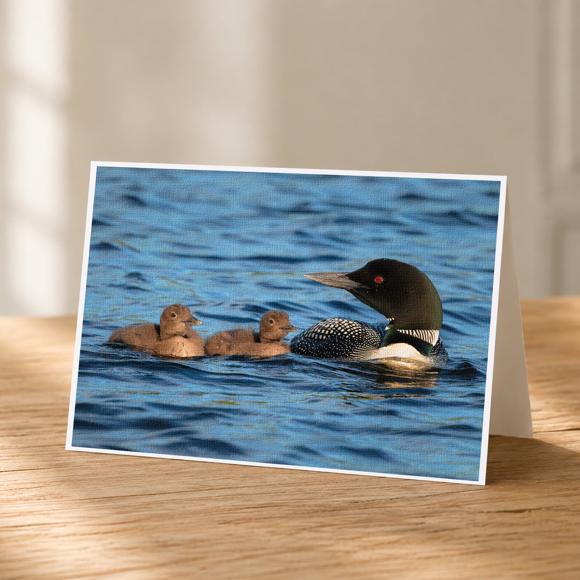 A family of ducks swimming together in a body of water, with a larger duck leading the group.