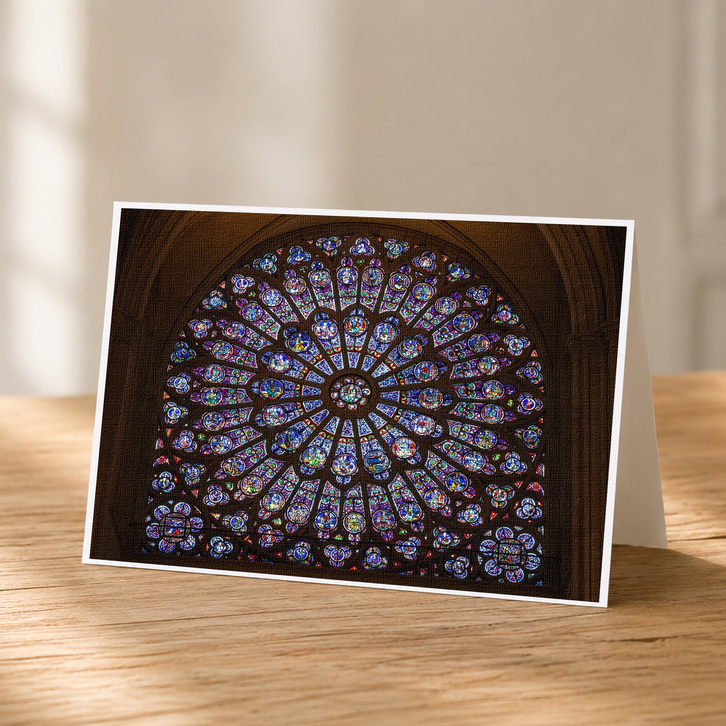 A framed photograph of a large, colorful stained glass window in a cathedral or church.