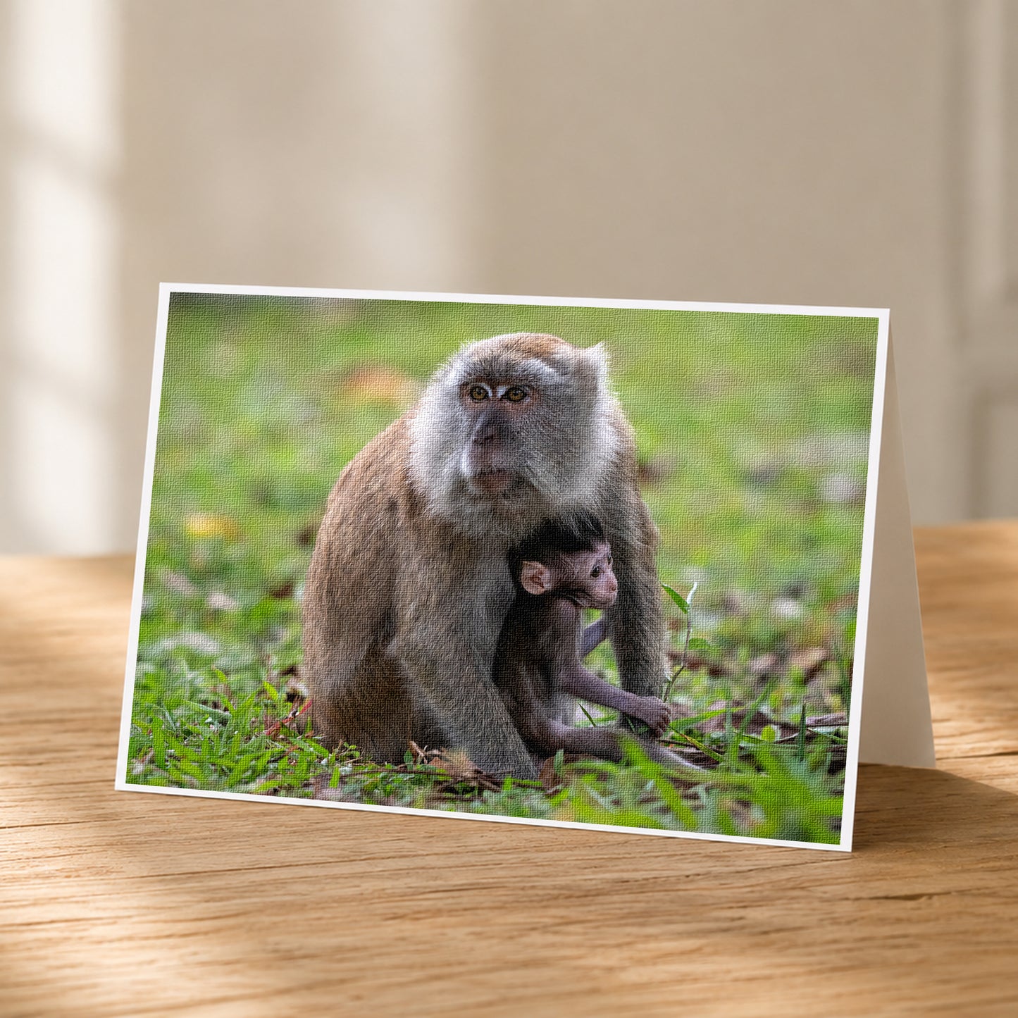A mother monkey and her baby resting together in a grassy area.