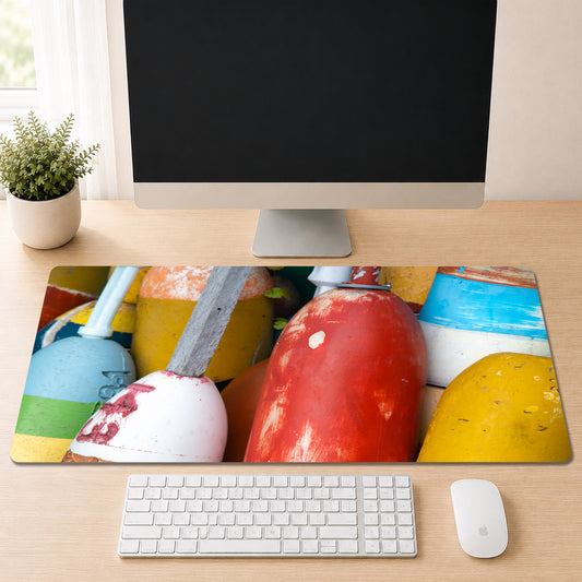 Stack of weathered, brightly painted lobster buoys in red, yellow, blue, and white, shown as a desk mat design on a wood desk