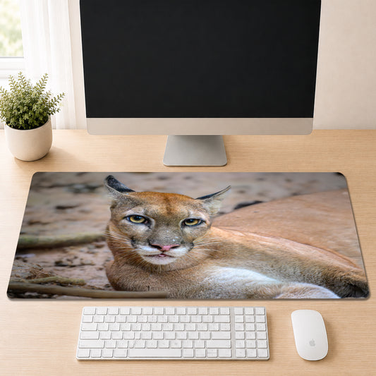 Puma lying down and making direct eye contact with the camera, shown as a desk mat design on a wood desk