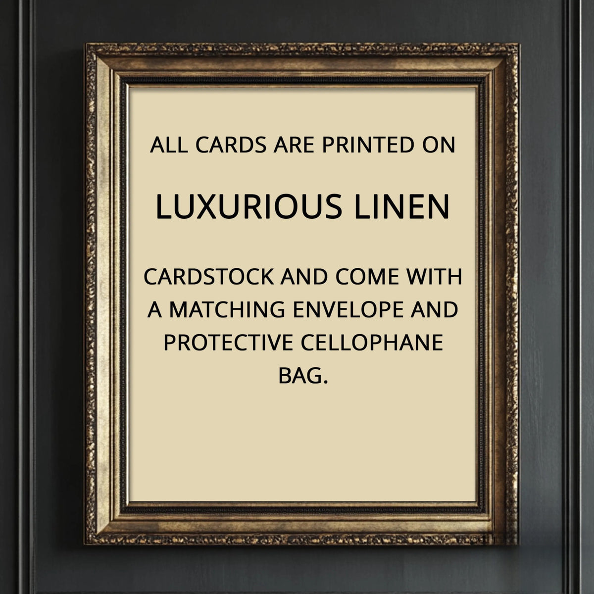 Framed text about luxurious linen cardstock and packaging on a dark background