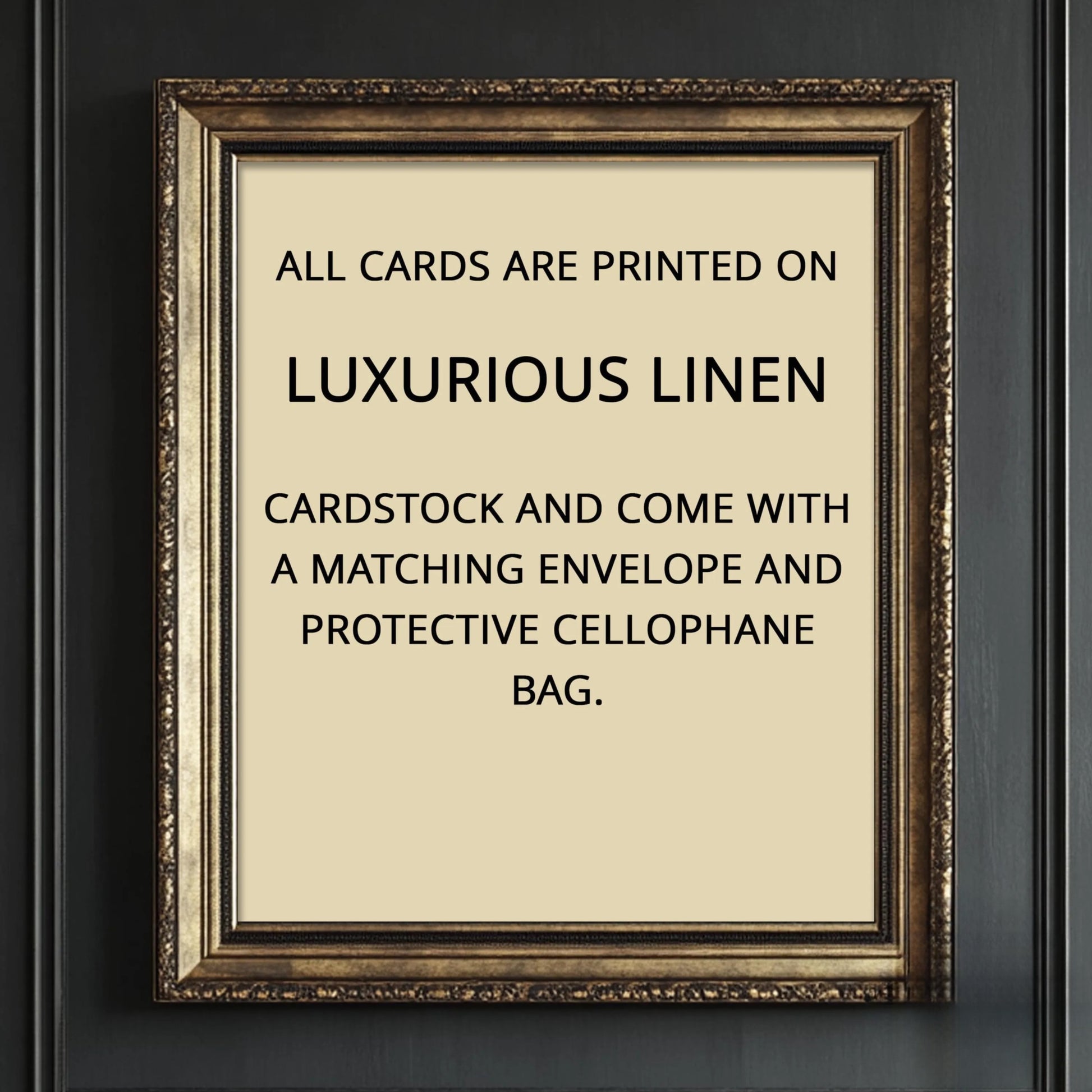 Framed text about luxurious linen cardstock and packaging on a dark background