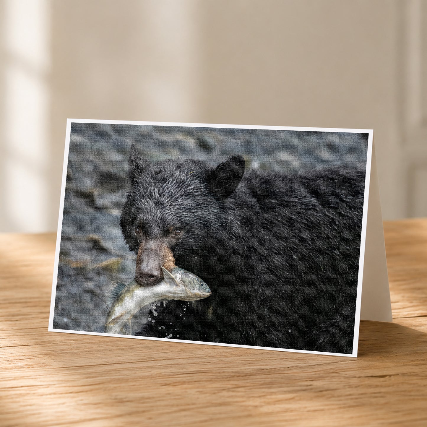 A black bear holding a fish in its mouth, standing on a rocky surface.