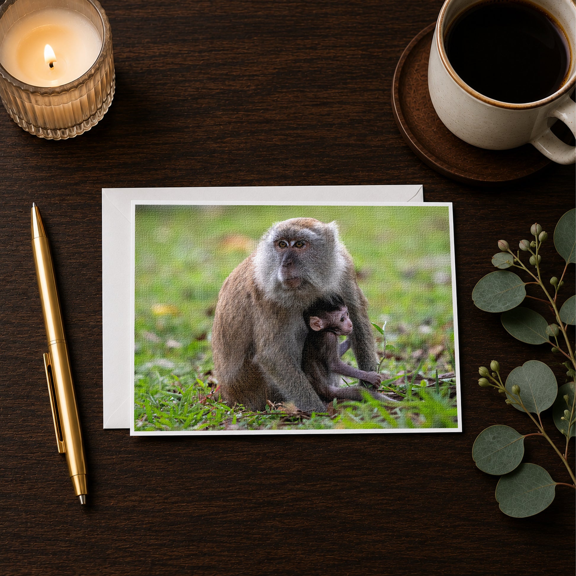 a card with a photograph of a monkey sitting on the grass, accompanied by a candle, a pen, and a cup of coffee on a wooden surface.