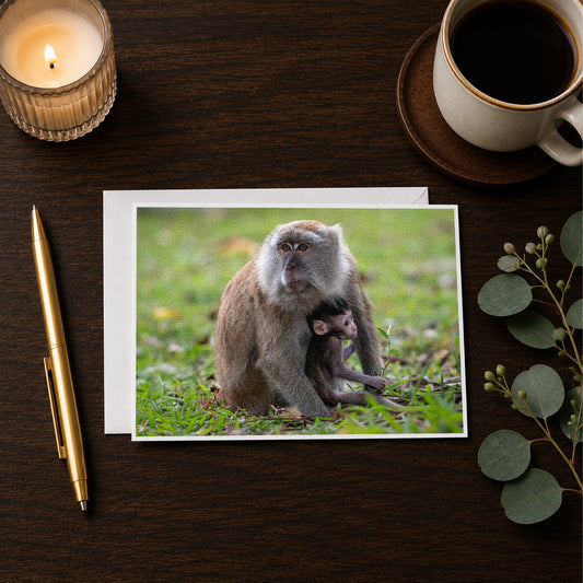 a card with a photograph of a monkey sitting on the grass, accompanied by a candle, a pen, and a cup of coffee on a wooden surface.