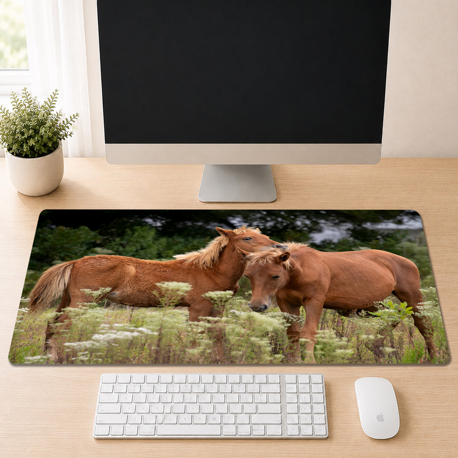 two brown horses standing in a field of flowers, with one horse appearing to be nuzzling the other.