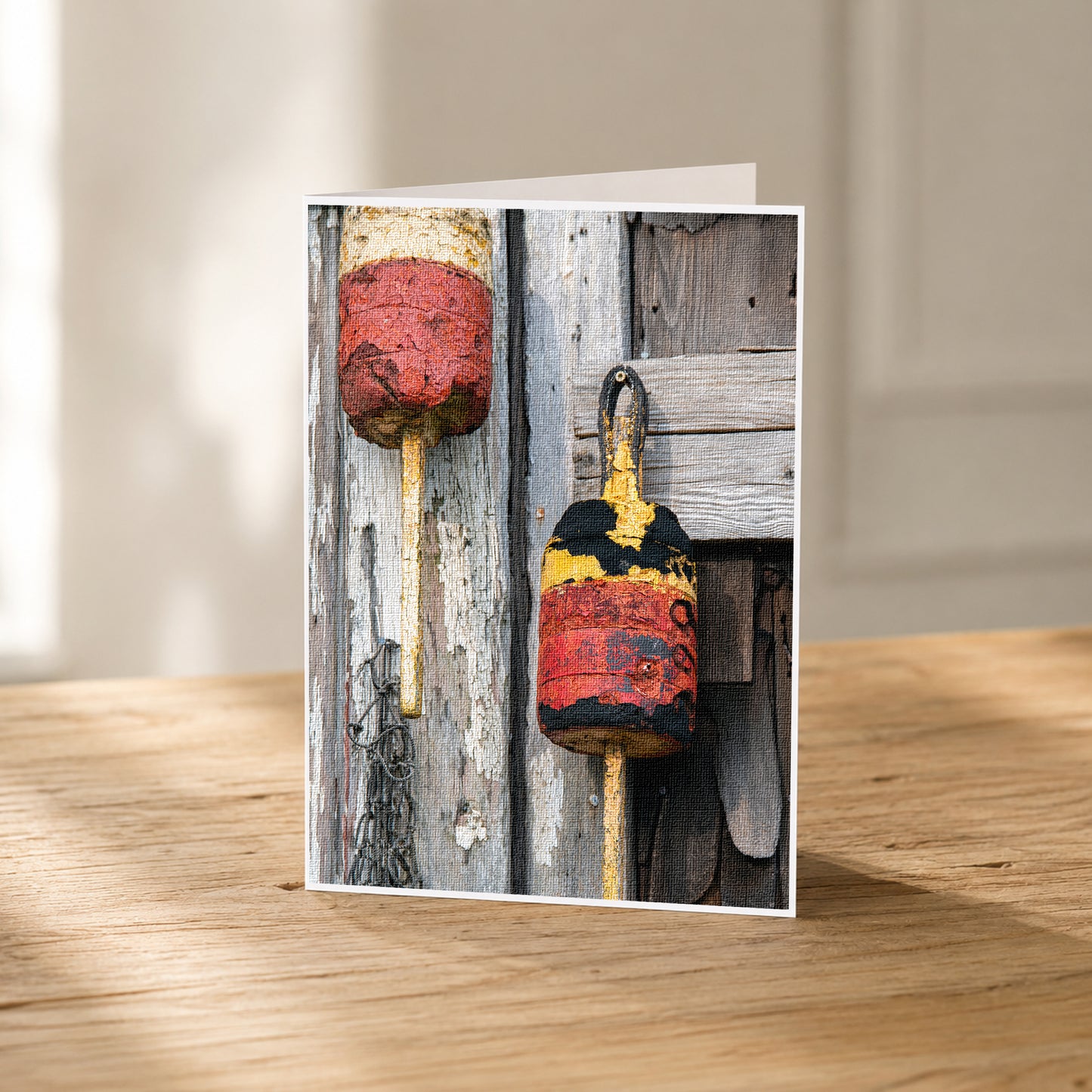 A photograph of two weathered buoys, one red and one yellow, attached to a wooden wall.