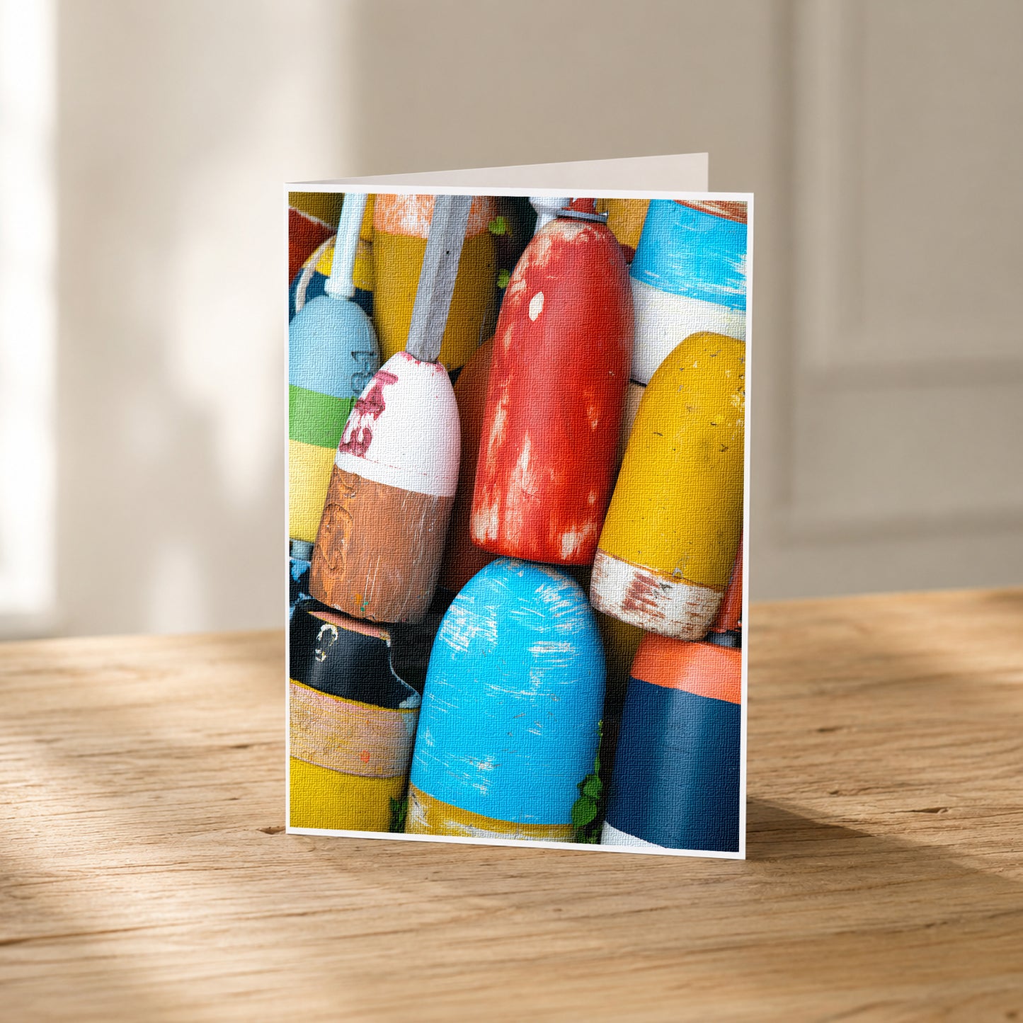 A collection of colorful buoys and buoys on a wooden surface.