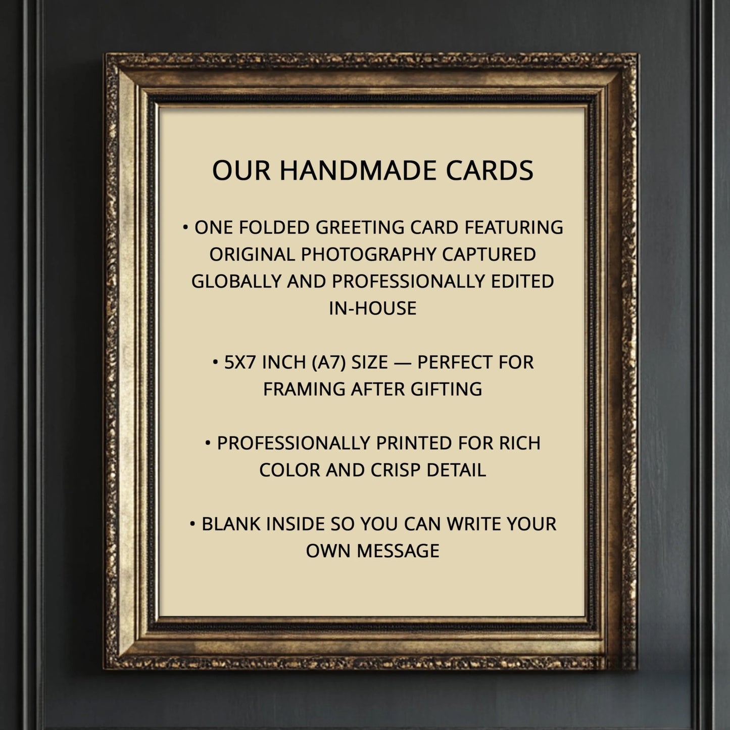 a framed sign with text stating that all cards are printed on luxurious linen and that the cardstock and envelope come with a matching cellulose bag.