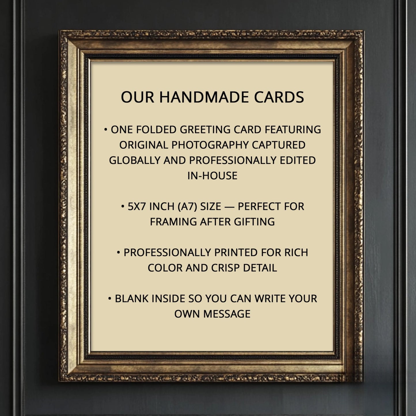 a framed sign with text stating that all cards are printed on luxurious linen and that the cardstock and envelope come with a matching cellulose bag.