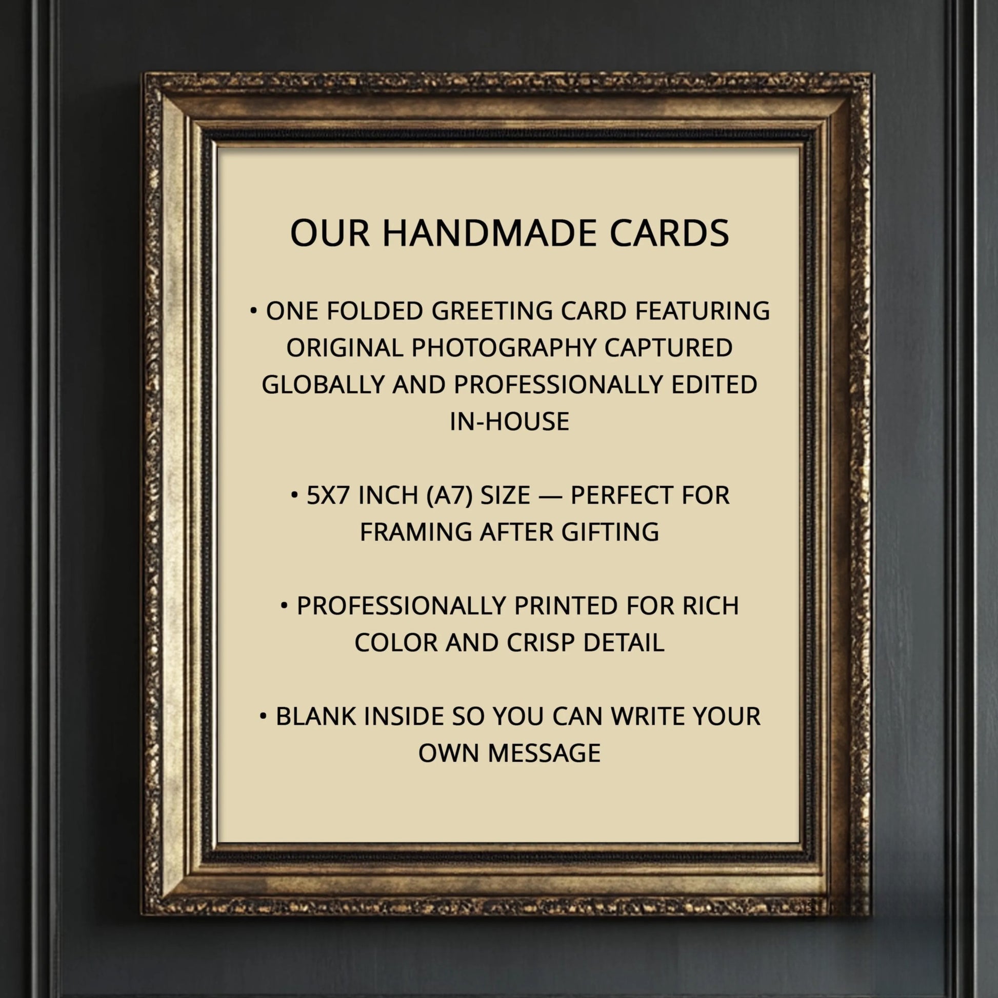a framed sign with text stating that all cards are printed on luxurious linen and that the cardstock and envelope come with a matching cellulose bag.