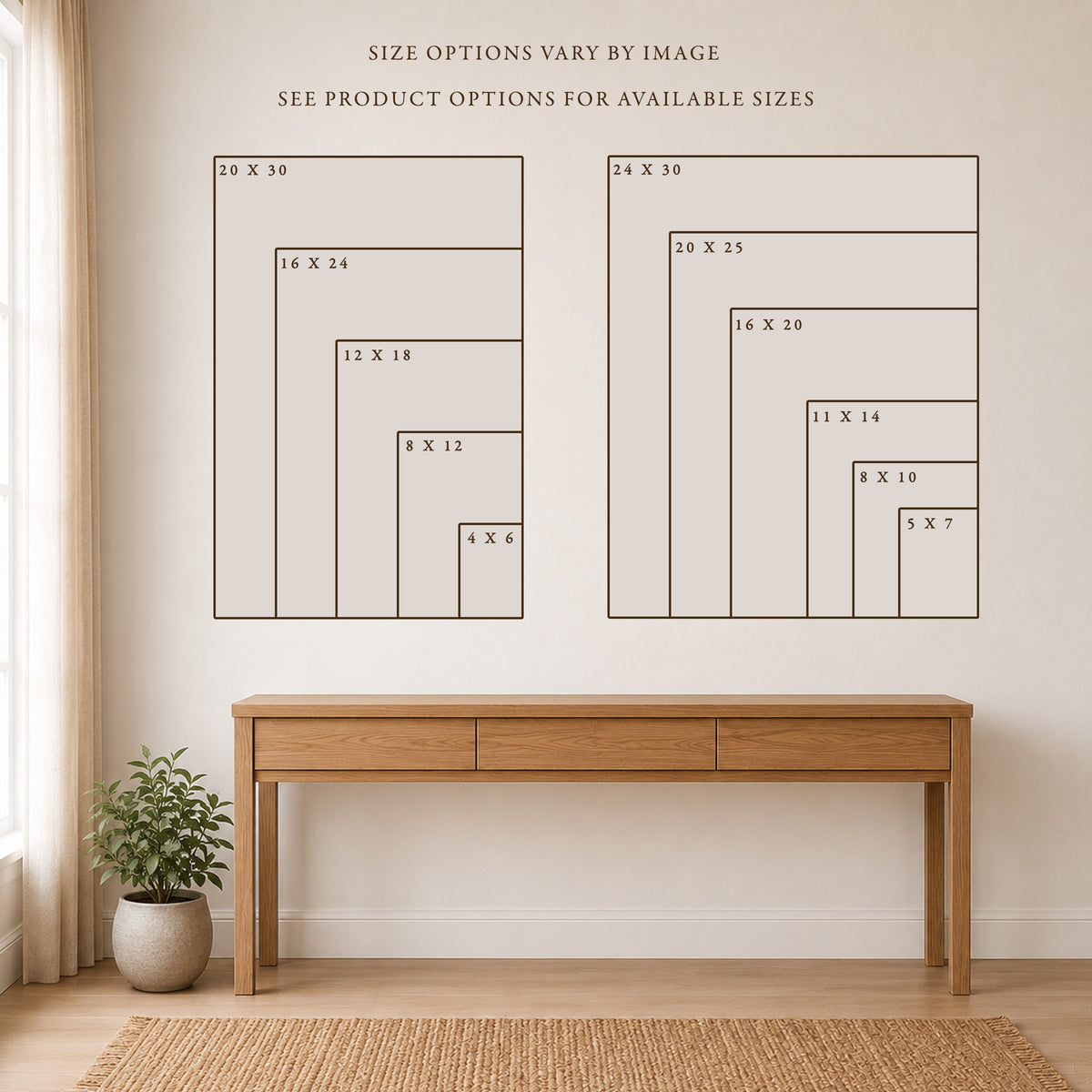 Size comparison chart for Linda Nee Photography showing available print sizes in two groups: 4x6, 8x12, 12x18, 16x24, and 20x30 on the left; 5x7, 8x10, 11x14, 16x20, 20x25, and 24x30 on the right. Displayed in a neutral room setting with a wood console table.
