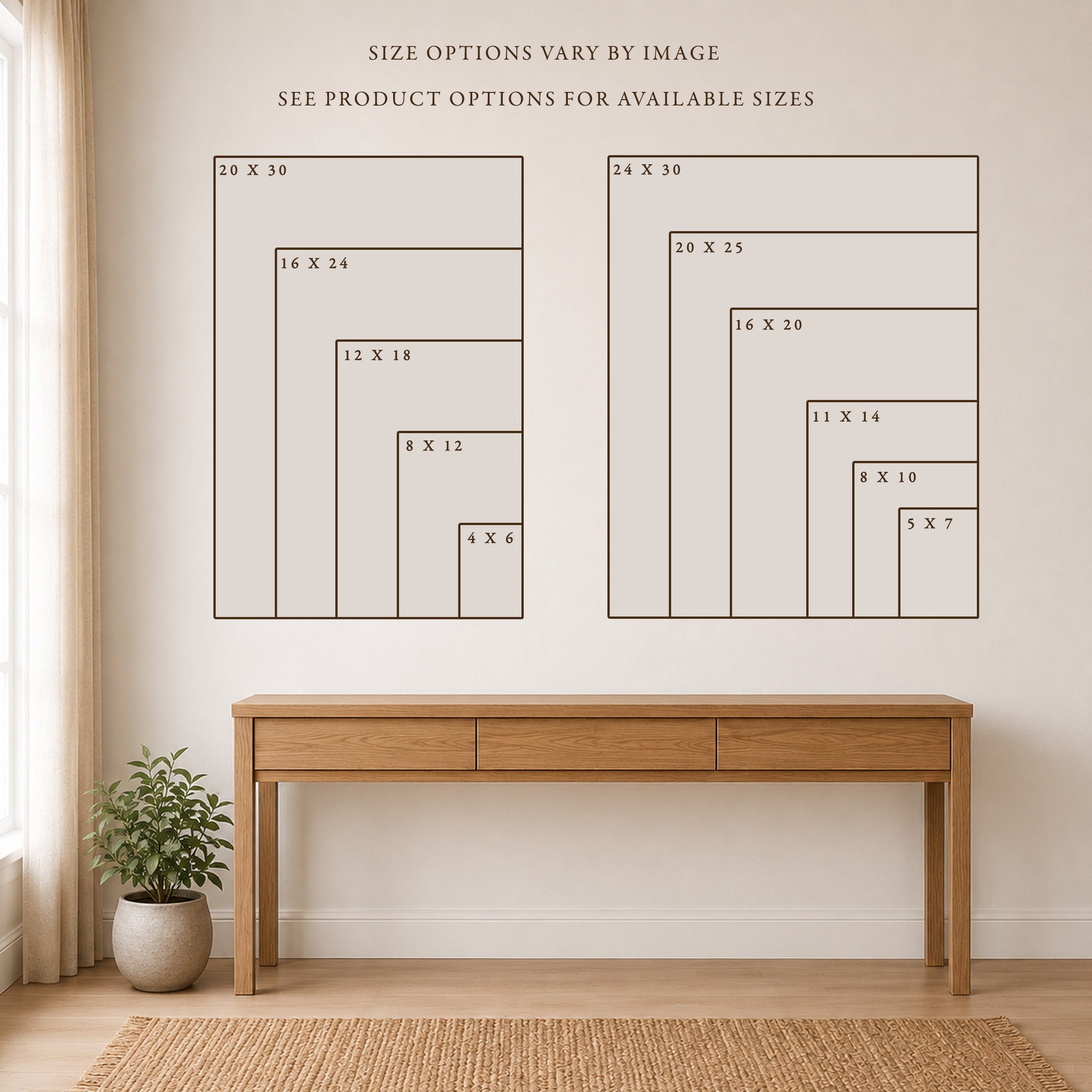 Size comparison chart for Linda Nee Photography showing available print sizes in two groups: 4x6, 8x12, 12x18, 16x24, and 20x30 on the left; 5x7, 8x10, 11x14, 16x20, 20x25, and 24x30 on the right. Displayed in a neutral room setting with a wood console table.
