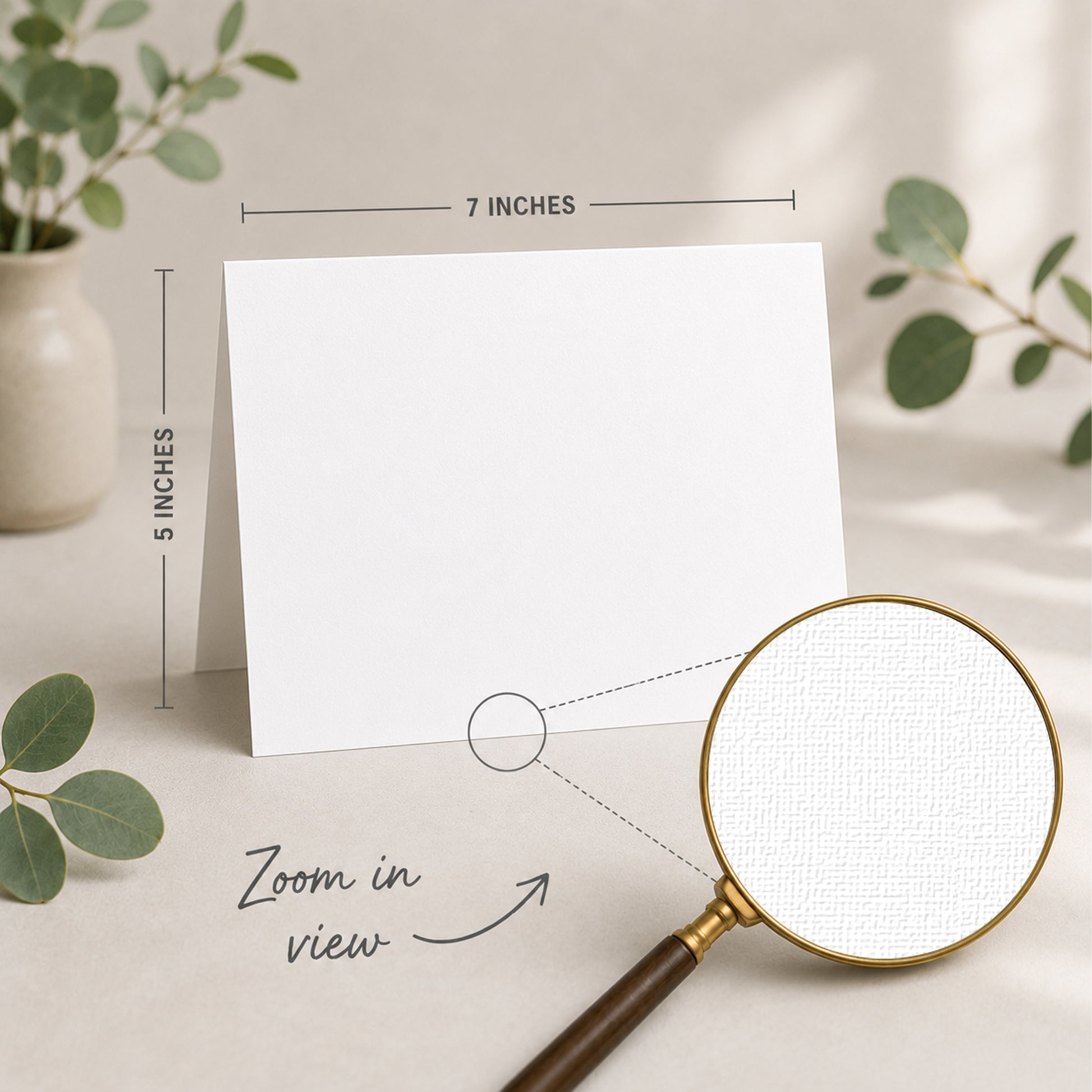 a blank white card placed on a table, with a magnifying glass nearby. The card is 5 inches wide and 7 inches tall, as indicated by the text "5 INCHES" and "7 INCHES" above and below the card, respectively. The magnifying glass is also shown in the image, with the text "Zoom in view" written below it.