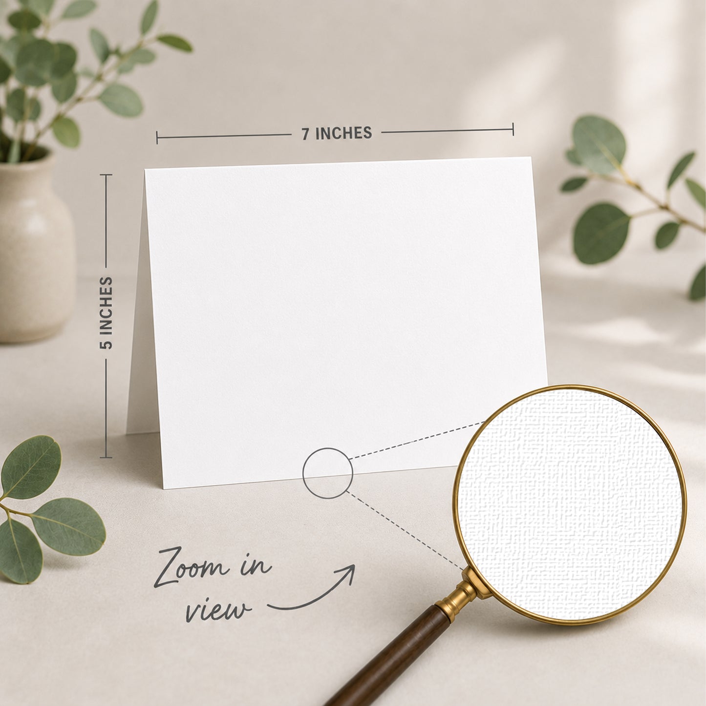 a blank white card placed on a table, with a magnifying glass nearby. The card is 5 inches wide and 7 inches tall, as indicated by the text "5 INCHES" and "7 INCHES" above and below the card, respectively. The magnifying glass is also shown in the image, with the text "Zoom in view" written below it.