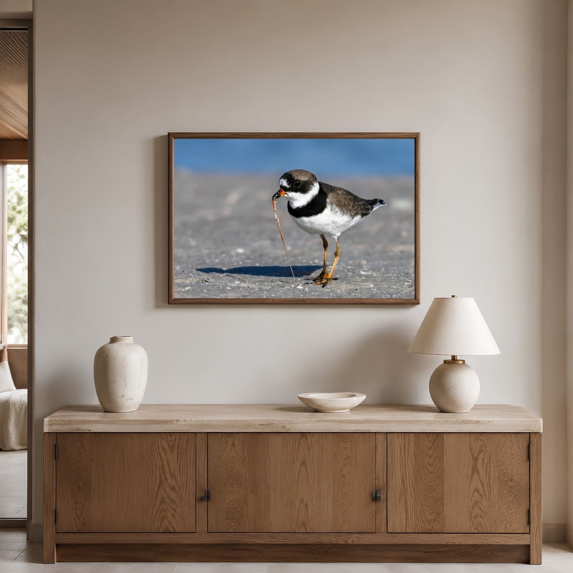 a bird standing on the ground, with a framed photograph of the bird displayed on the wall above a wooden cabinet or dresser.