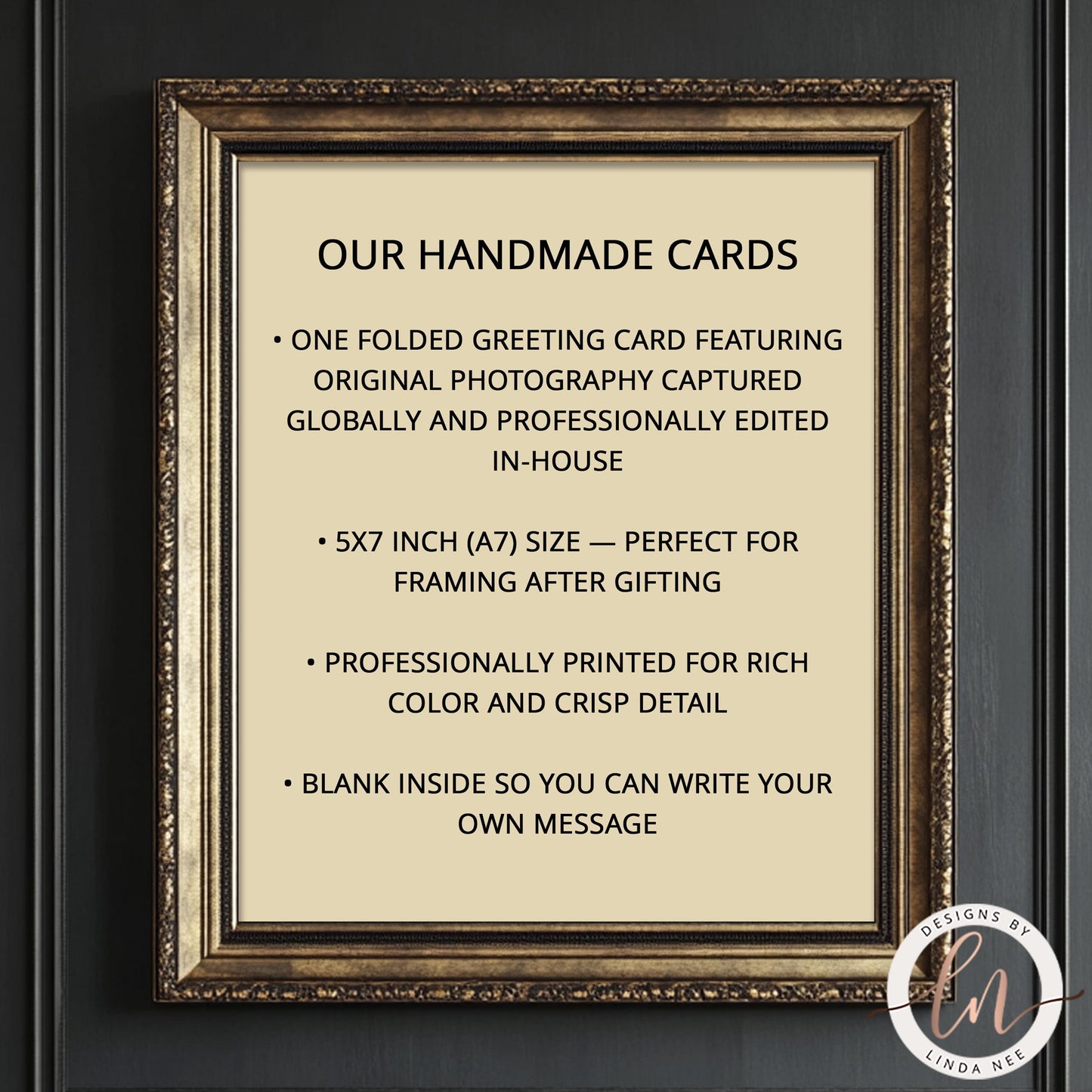 a framed greeting card with text detailing the card's features, such as being handmade, featuring original photography, and having a blank interior for writing a personal message.