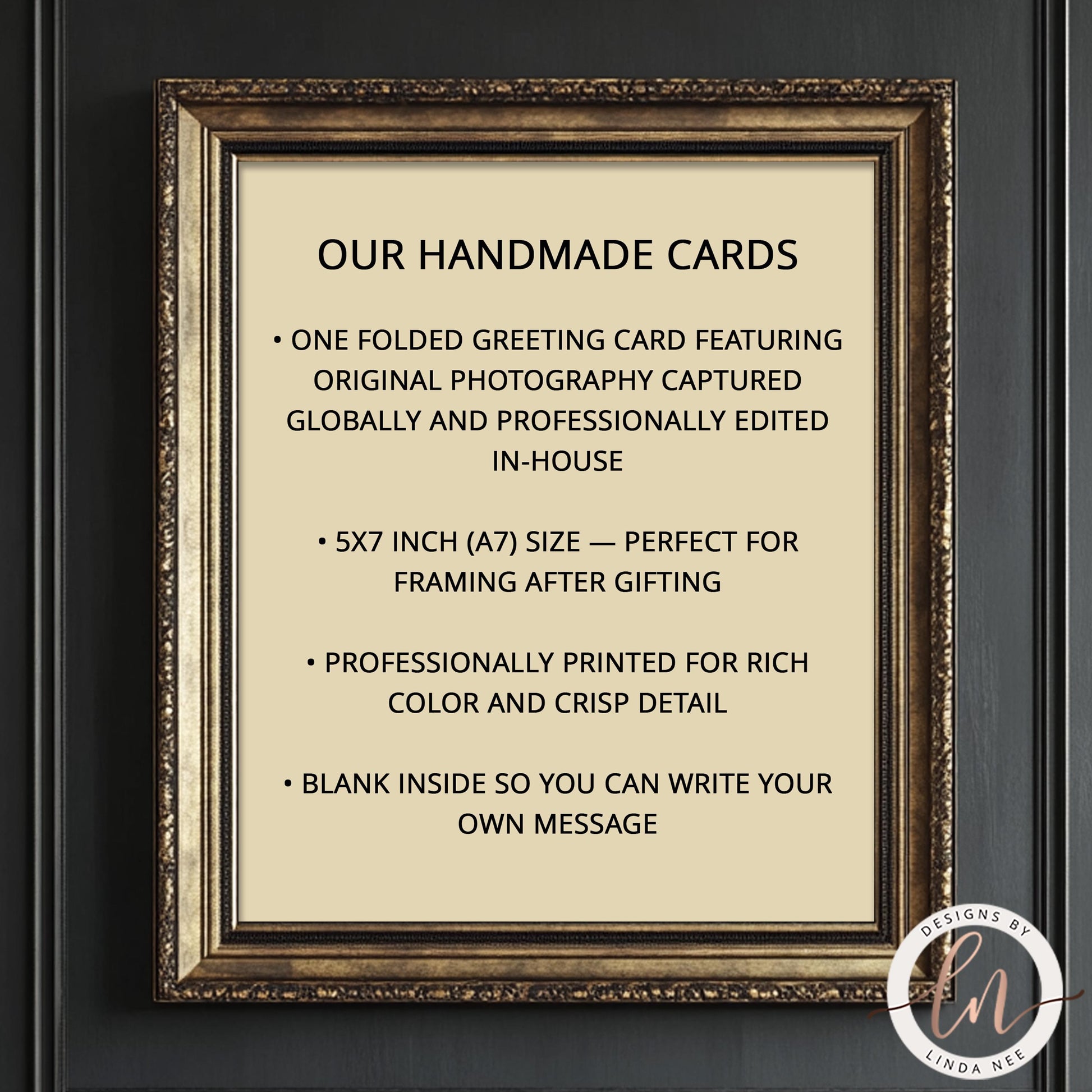 a framed greeting card with text detailing the card's features, such as being handmade, featuring original photography, and having a blank interior for writing a personal message.