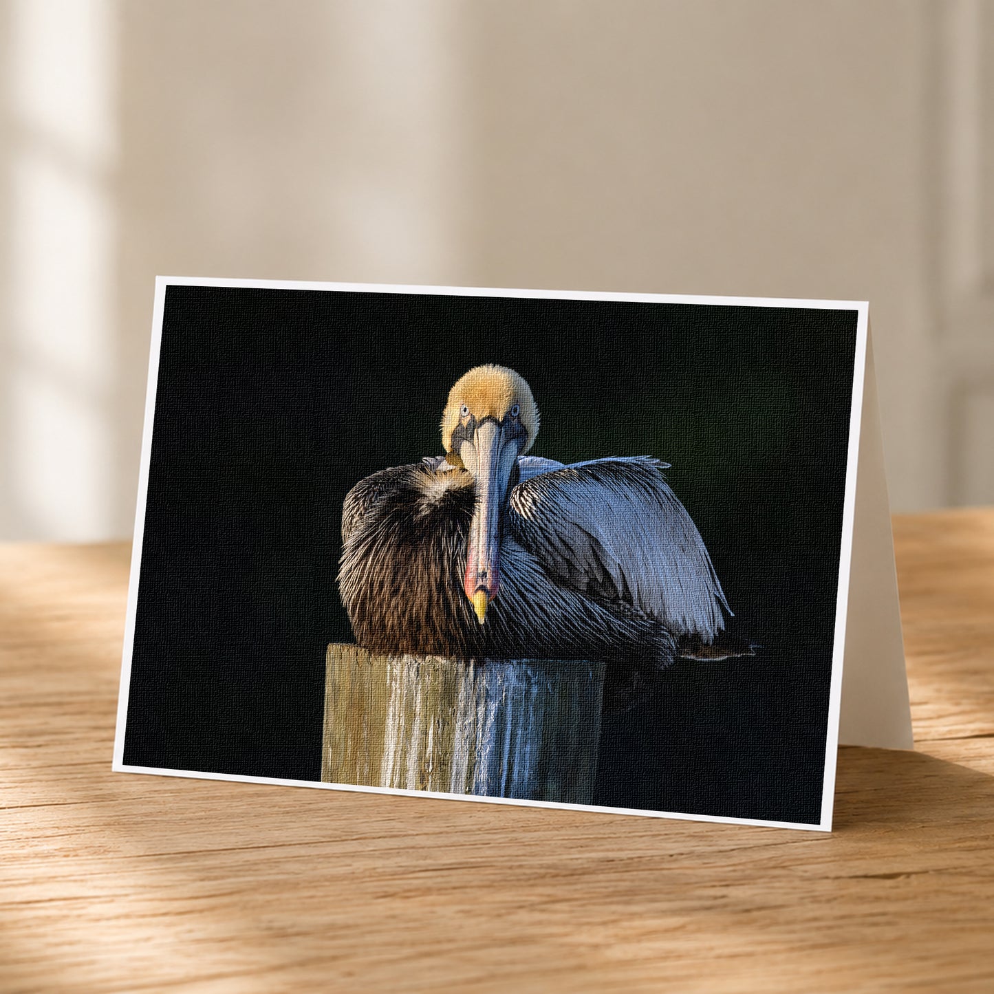 A pelican is sitting on a wooden post, with its head turned to the side.