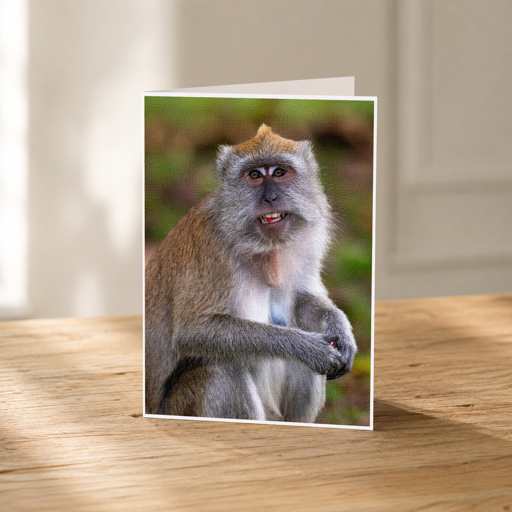 A close-up photograph of a monkey sitting on a wooden surface, with a blurred green background.