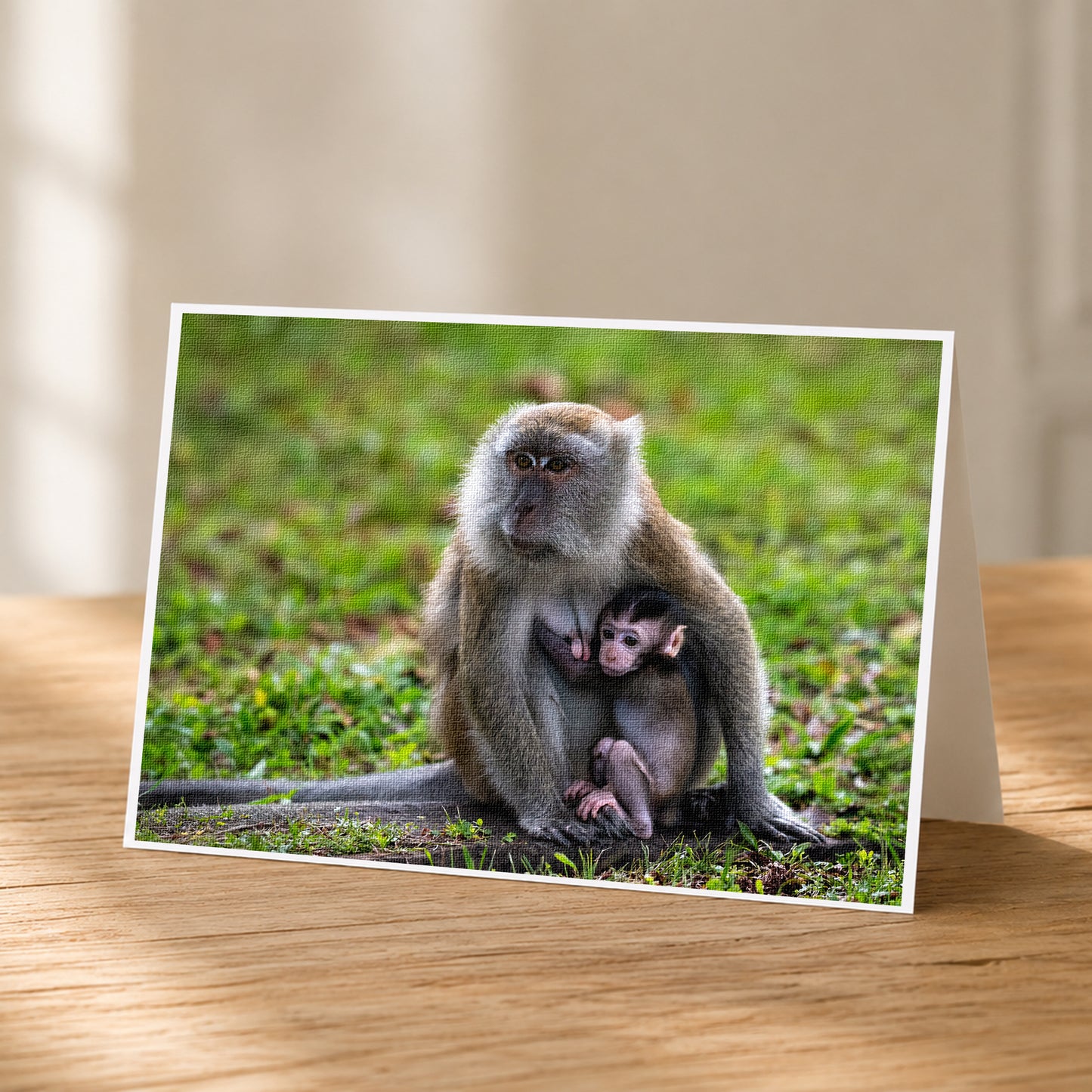 A mother monkey and her baby resting together on the grass.