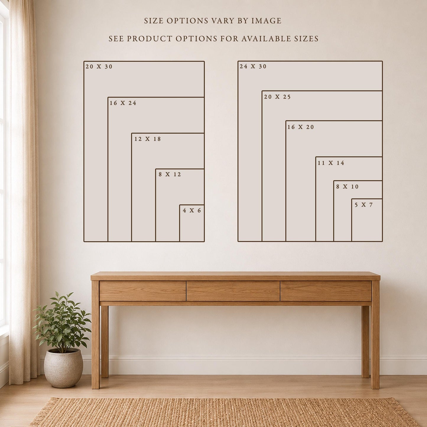 Size comparison chart for Linda Nee Photography showing available print sizes in two groups: 4x6, 8x12, 12x18, 16x24, and 20x30 on the left; 5x7, 8x10, 11x14, 16x20, 20x25, and 24x30 on the right. Displayed in a neutral room setting with a wood console table.