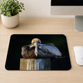 Brown pelican perched on a dark wood piling against a black background, printed on a mouse pad