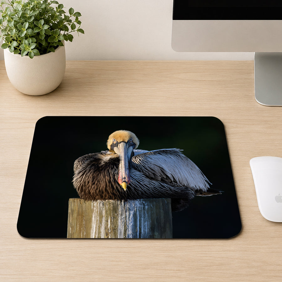 Brown pelican perched on a dark wood piling against a black background, printed on a mouse pad