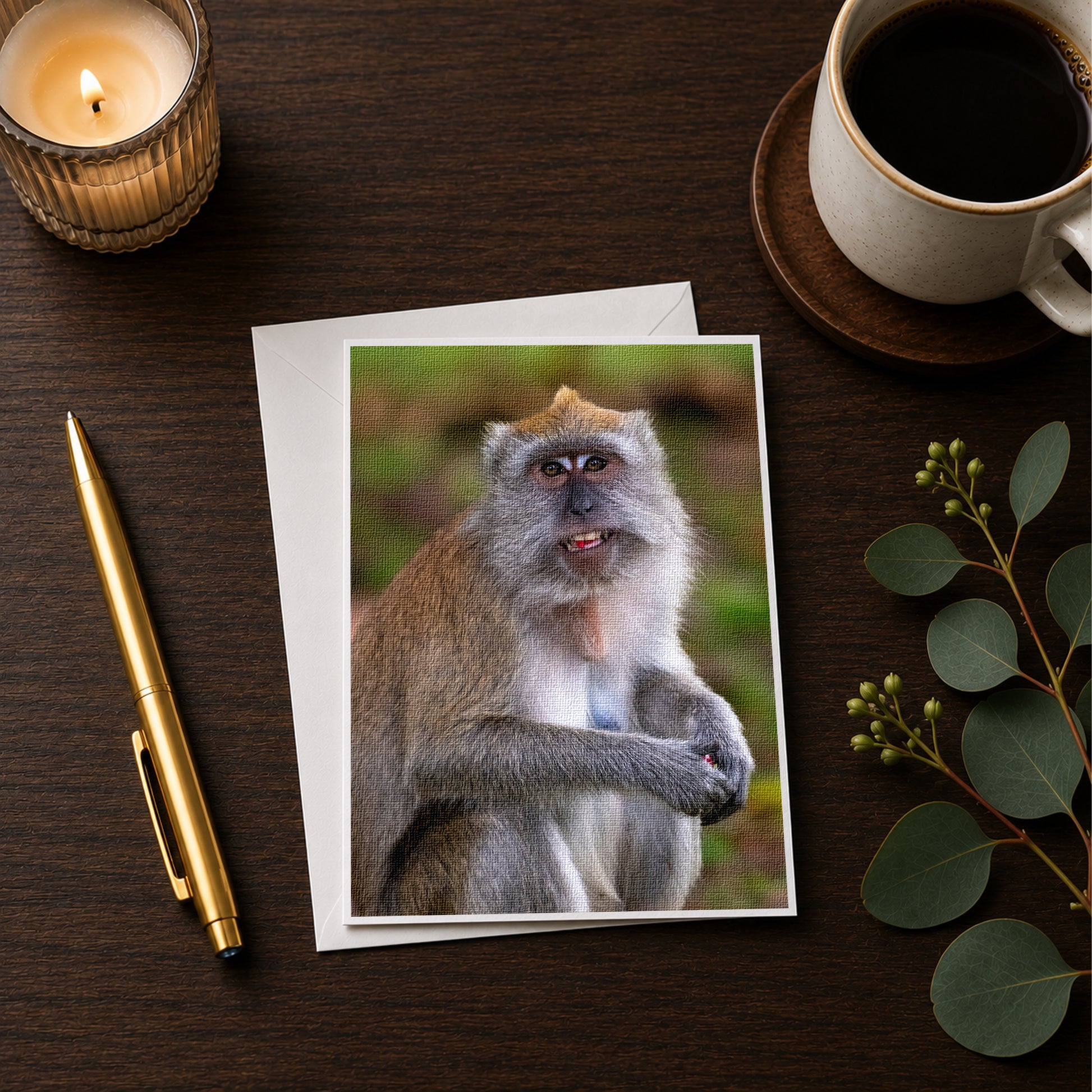a close-up of a monkey on a card, accompanied by a pen, a candle, and a cup of coffee on a wooden surface.