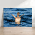 Baby loon chick fine art photography print leaning against a white wall on a light wood floor